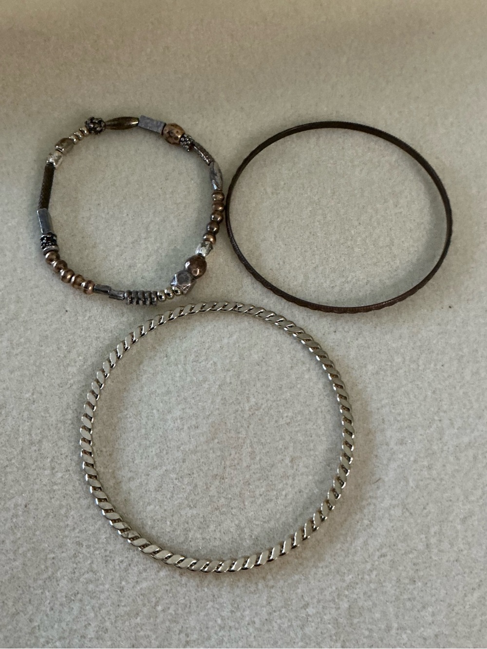 Mixed Metal and Leather Bracelet Set - Silver, Brown, Bronze